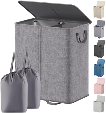 Double Laundry Hamper with Lid, Removable Laundry Bags, Gray