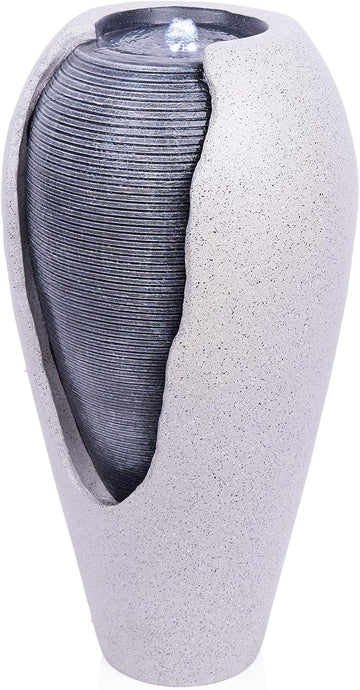 29" Tall Two Tone Ribbed Jar Floor Fountain with LED Lights - Elegant Water Feature, Easy Setup with Pump & Plug-in