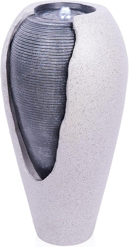 29" Tall Two Tone Ribbed Jar Floor Fountain with LED Lights - Elegant Water Feature, Easy Setup with Pump & Plug-in