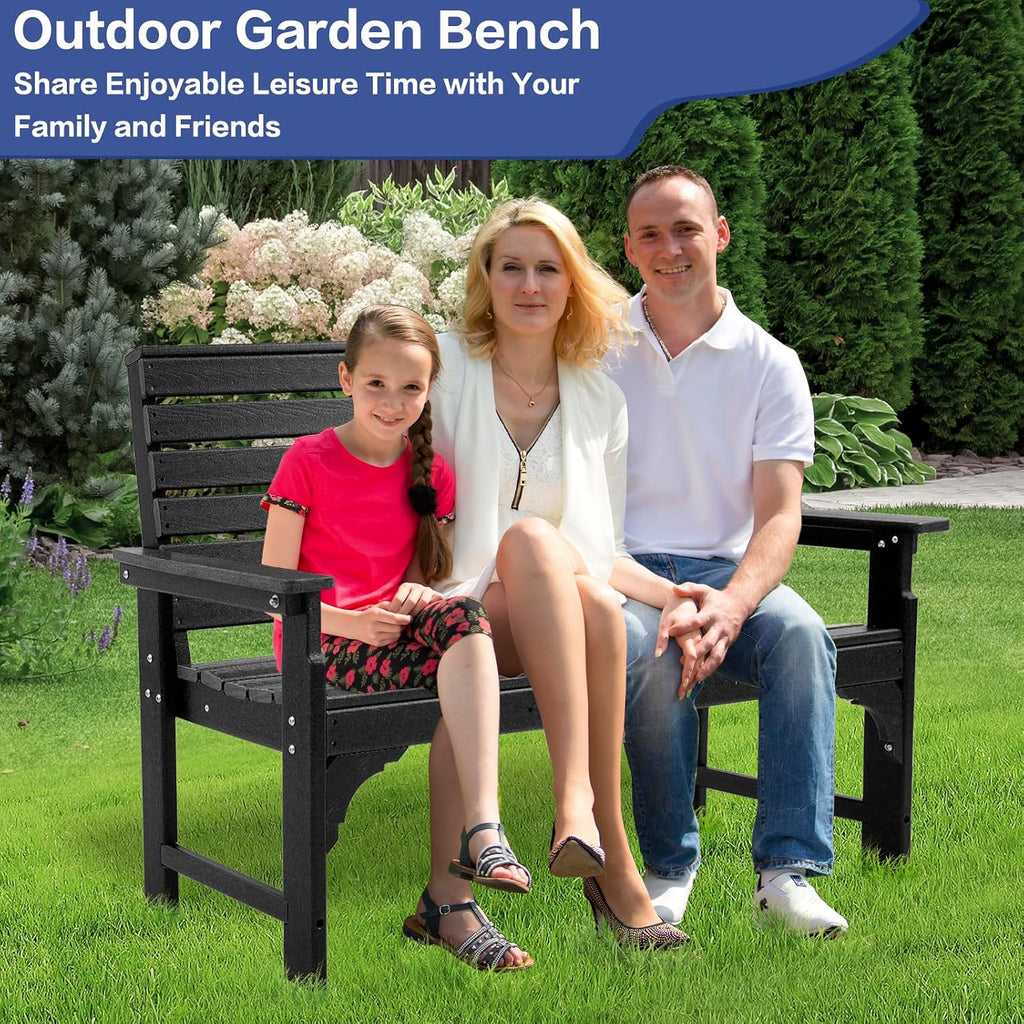 Outdoor Bench, HDPE 2-Person Garden Bench with Cup Holders | Weatherproof Patio Bench with Backrest & Armrests, 700