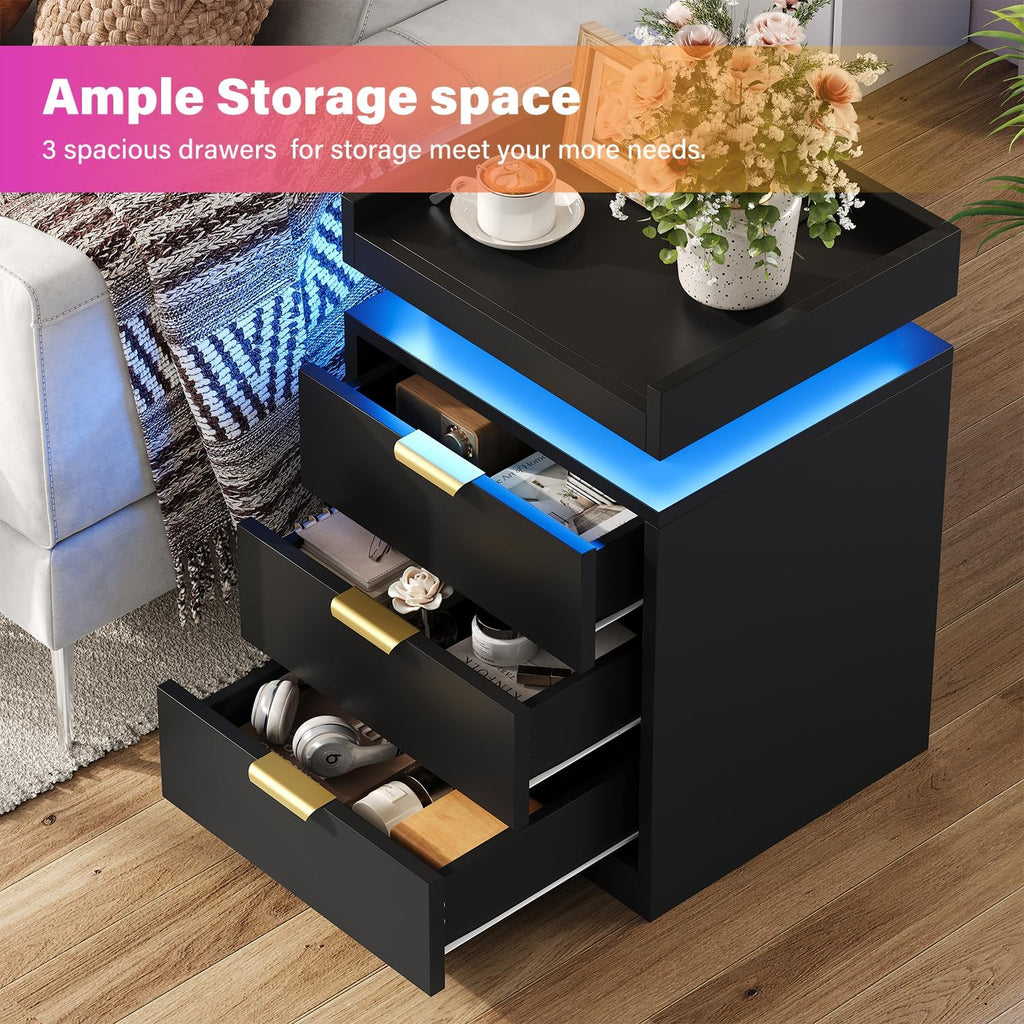 LED Nightstand with Charging Station & USB Ports, 3-Drawer Bedside Table with Adjustable RGB LED Lights, High-Gloss