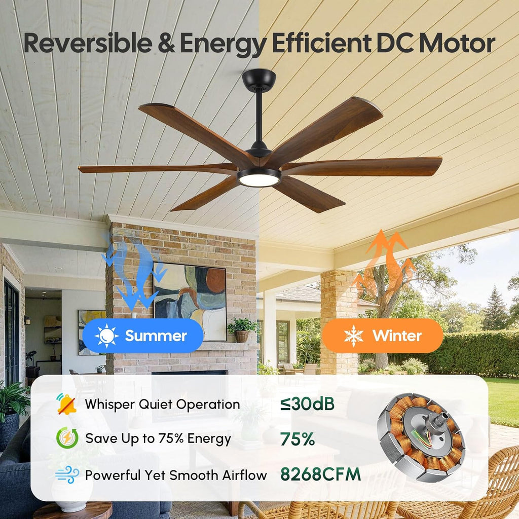 60 Inch Ceiling Fan with Light and Remote, Rustic Farmhouse Style, 6 Brown Solid Wood Blades