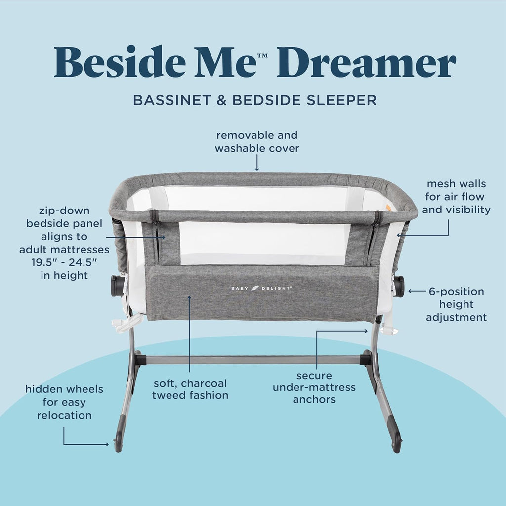 Beside Me Dreamer Bassinet | Bedside Sleeper | 7-Position Height Adjustment | Charcoal Tweed