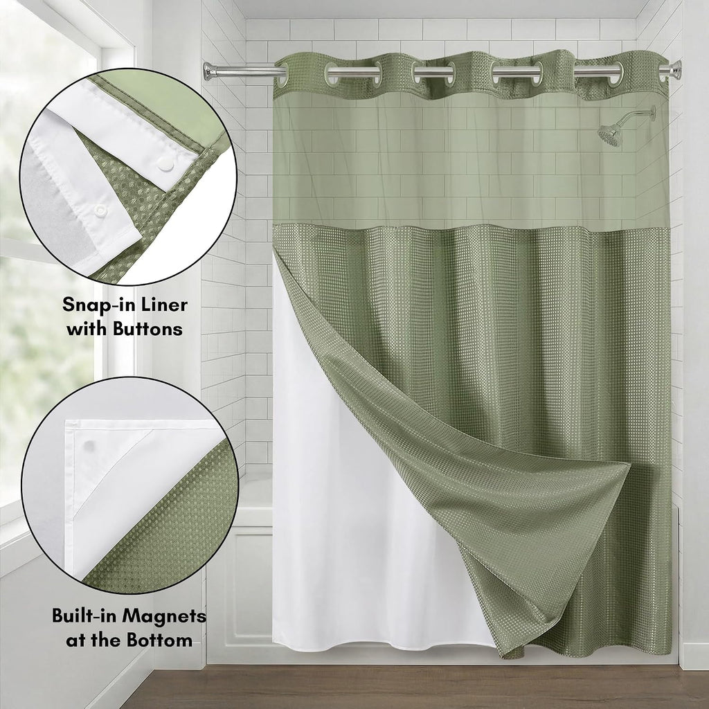 72x75 Hookless Waffle Pattern Shower Curtain - Water-Resistant Long Shower Curtain with Sheer Panel, Snap-in Liner