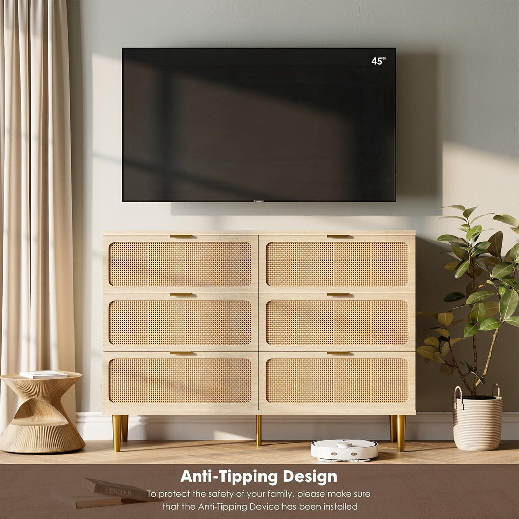 Rattan 6 Drawer Dresser , Large Double Dresser with Deep Drawers, Wooden Chest of Drawers for Closet with Wide Top
