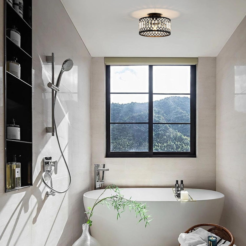 Crystal Black Ceiling Light, Modern Semi Flush Mount Ceiling Light Fixture, Round Small Chandelier Entryway Bathroom