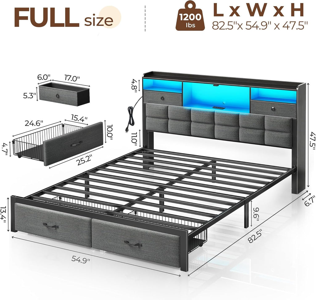 Bed Frame Full with Drawers and Charging Station, Upholstered Platform Bed with Storage Headboard and LED Light