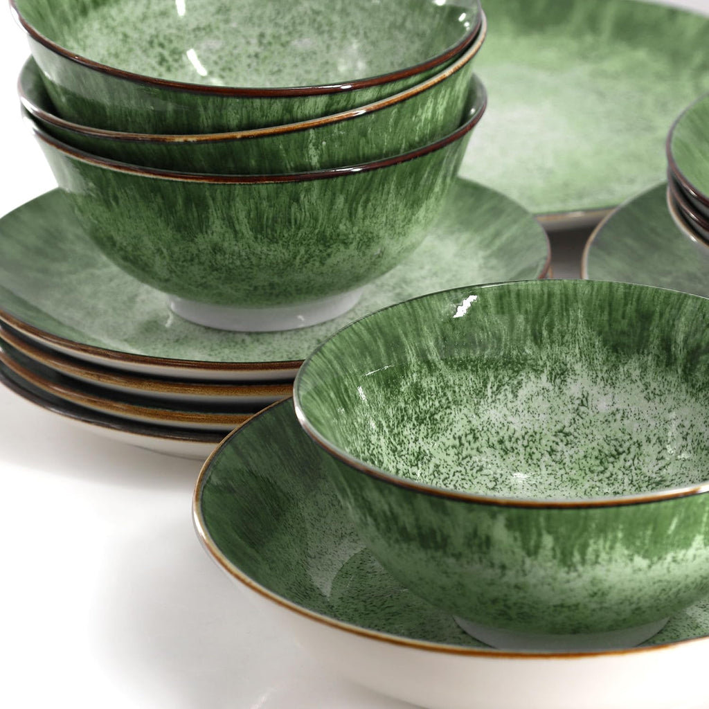 Oceanus 16 Piece Round Shape Porcelain Double Bowl Dinnerware Set, Tableware Set, Table Setting- Service for 4 (Green)