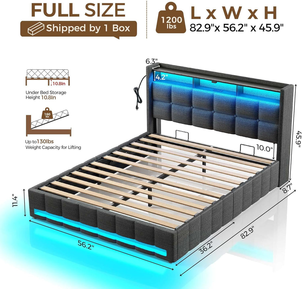 Bed Frame Full with Lift Up Storage, Charging Station & LED Lights, Upholstered Storage Headboard