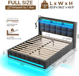 Bed Frame Full with Lift Up Storage, Charging Station & LED Lights, Upholstered Storage Headboard