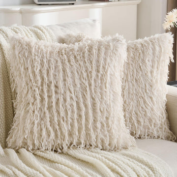 Pack of 2 Fluffy Faux Fur Throw Pillow Covers 20x20 Inch, Beige