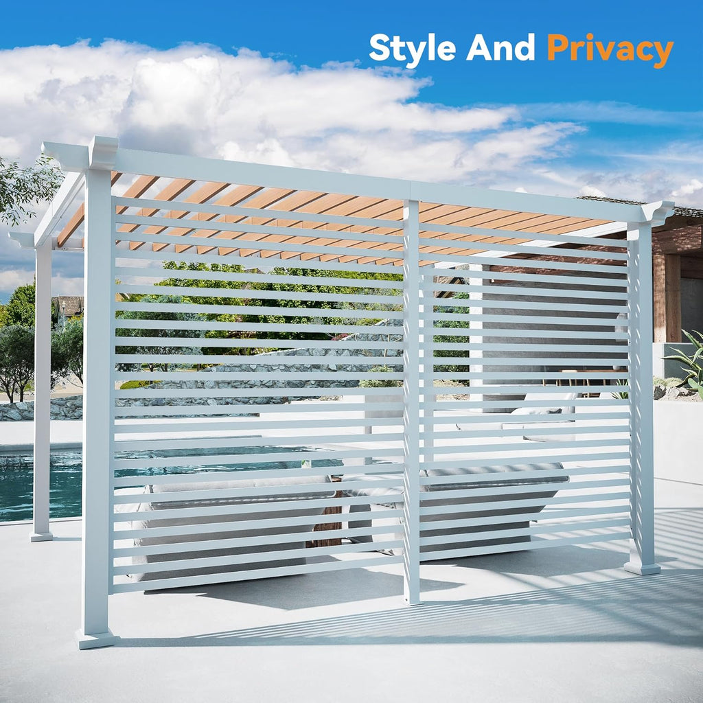 Modern Shade Open Sky 10'x12' Pergola Cabana, Modern Outdoor Pergola with White Privacy Curtains & Back Privacy Wall
