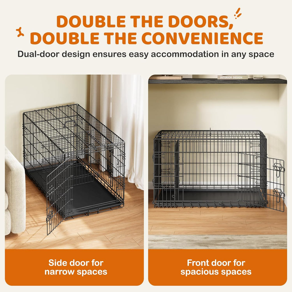 42 inch Double Door Dog Crate w/Divider for Puppy to Adult XL Collapsible Metal Crate with Removable Tray Wire Dog