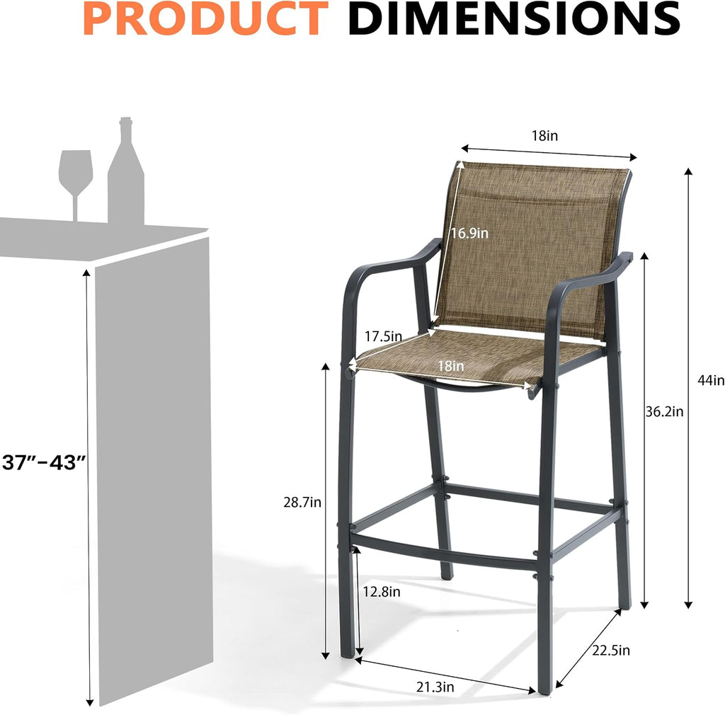 28.7" Outdoor Bar Stools Set of 2, Metal Patio Barstools with Back & Armrest, All-Weather Textilene Bar Height