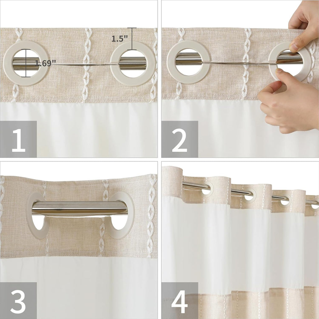 Boho Farmhouse No Hook Shower Curtain Set with Snap-in Fabric Liner,Heavy-Duty Linen Textured Rustic Striped