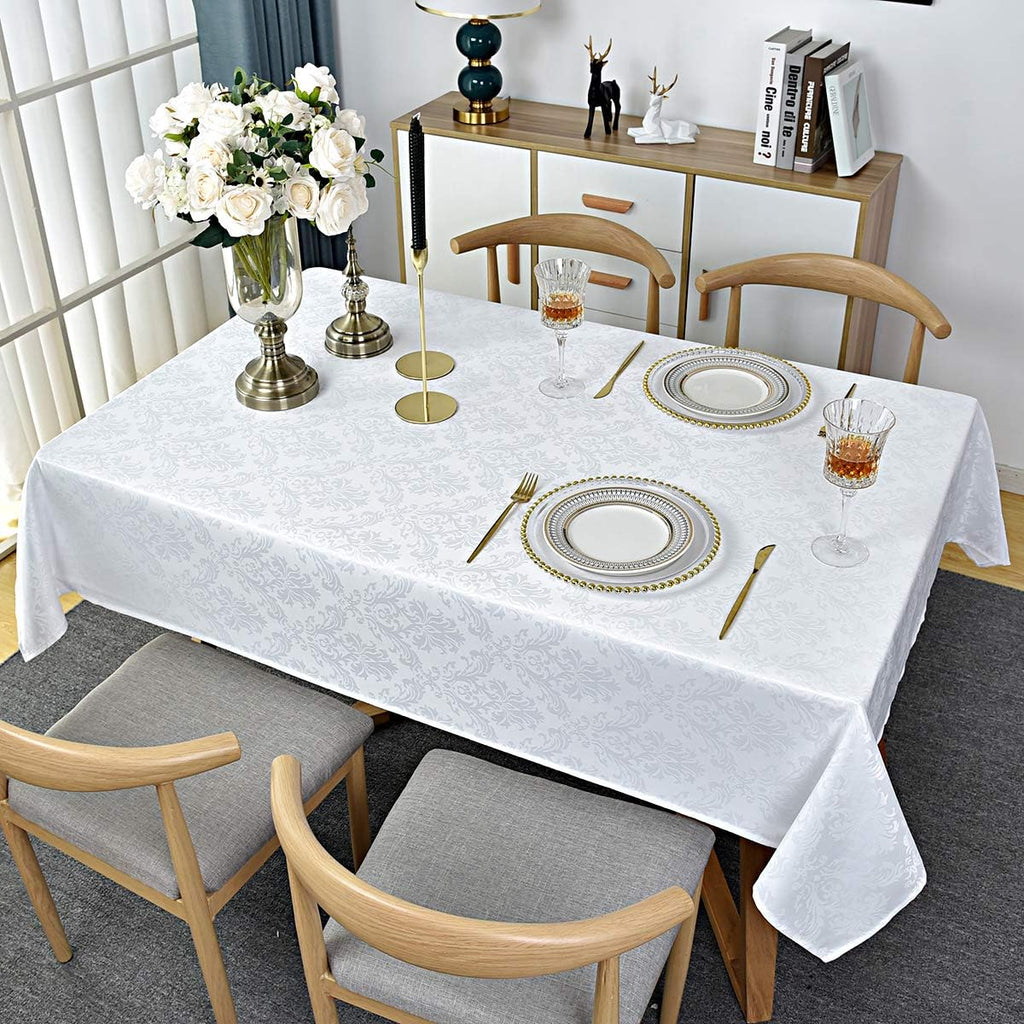 Rectangle Table Cloth - 60 x 102 Inch White Jacquard Tablecloths Damask Design Spillproof Wrinkle Re