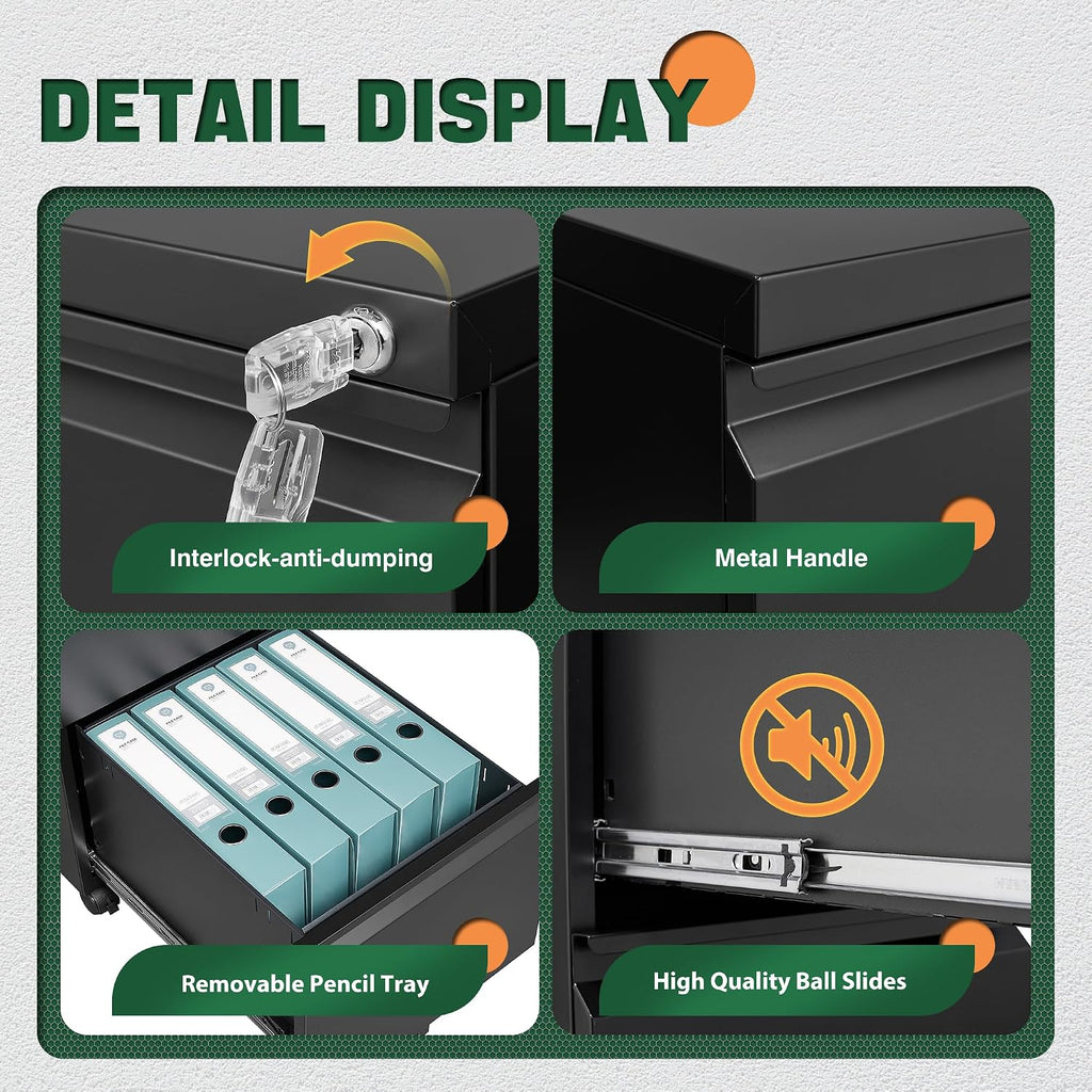 Mobile File Cabinet with Lock,2 Drawer Under Desk Metal Rolling Filing Cabinets Organizer Letters/Legal/A4(Fully