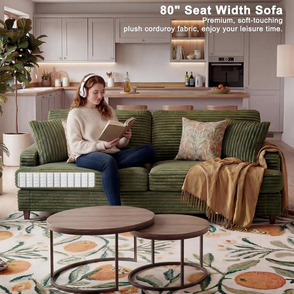 80 Inch Olive Green Sofa Couch, Plush Corduroy Deep Seat Sofas