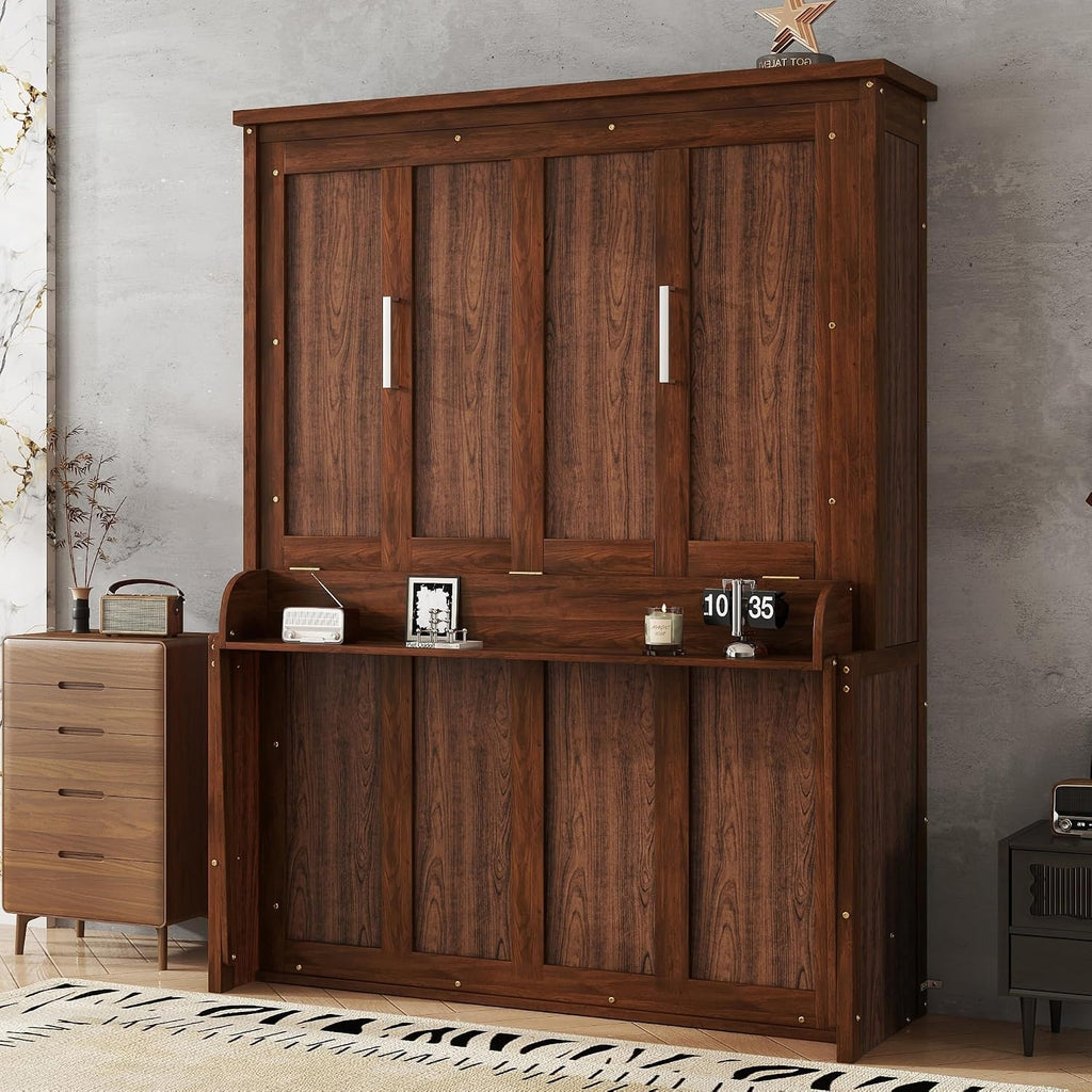 Queen Murphy Bed with Desk, Wood Wall Bed with Gas Struts, Space Saving Foldable Murphy Bed for Small Spaces, Guest