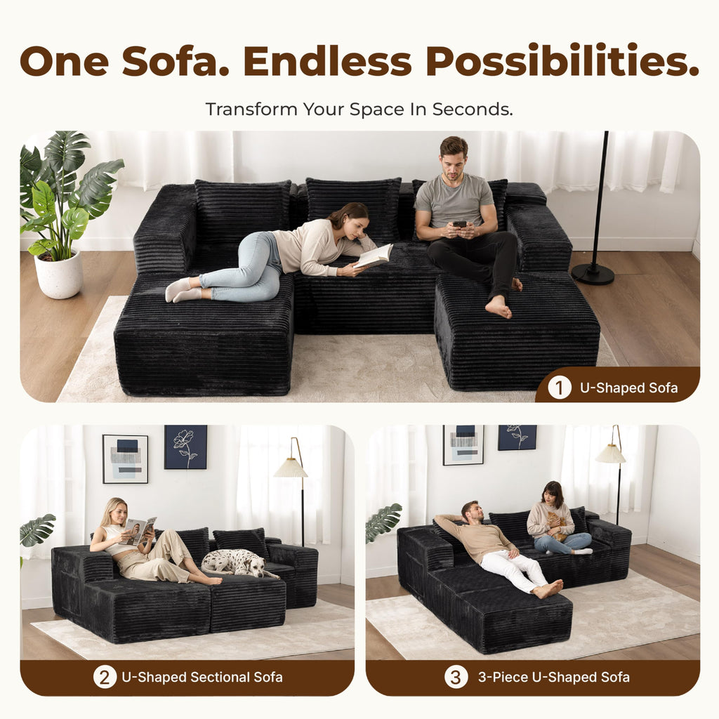Modular Boneless U-Shaped Couches with Side Pockets