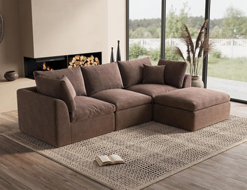 110" Cloud Sectional Couches , Boneless L-Shape Couch with Ottoman, 3 Seater Modular Sectional Sofa, Brown
