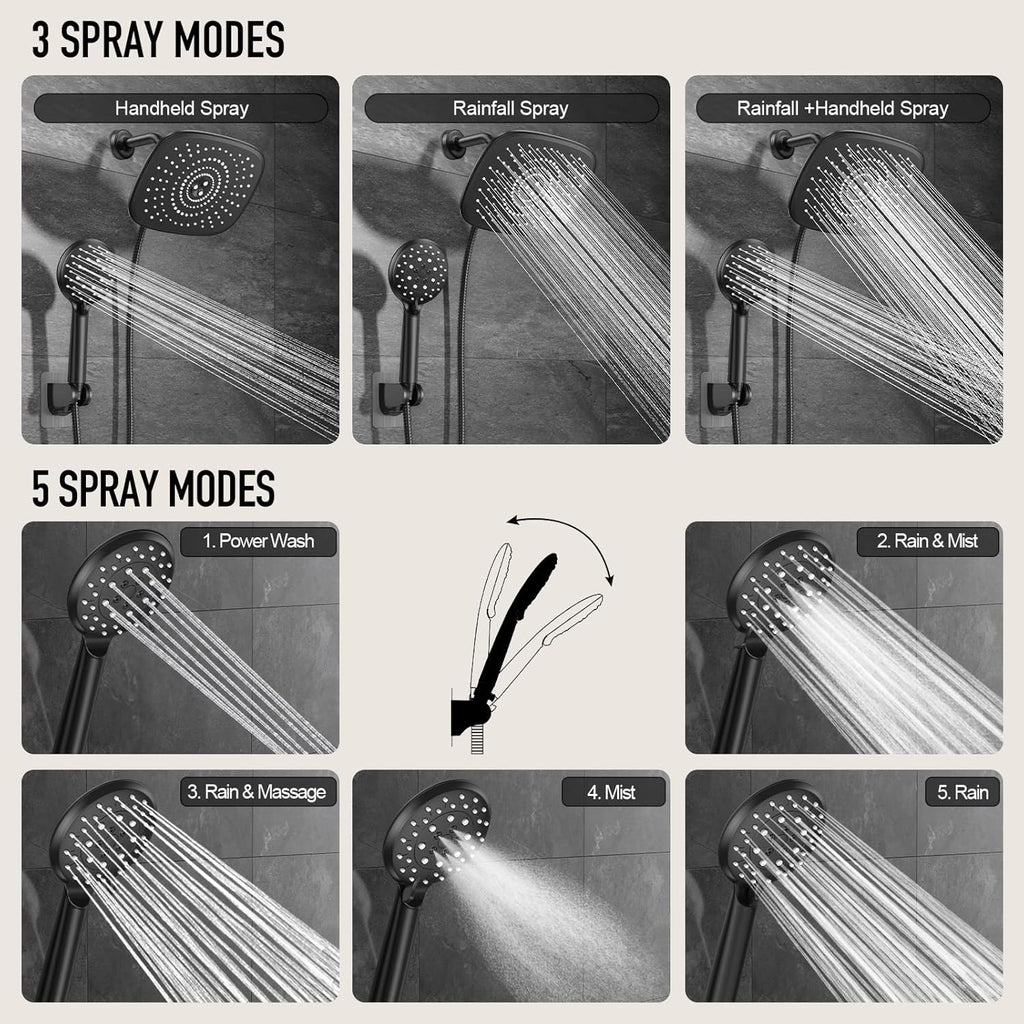 Rain Shower Head with Handheld, High Pressure Rainfall Showerhead Combo with 5 Handheld Water Spray Modes for Bathroom