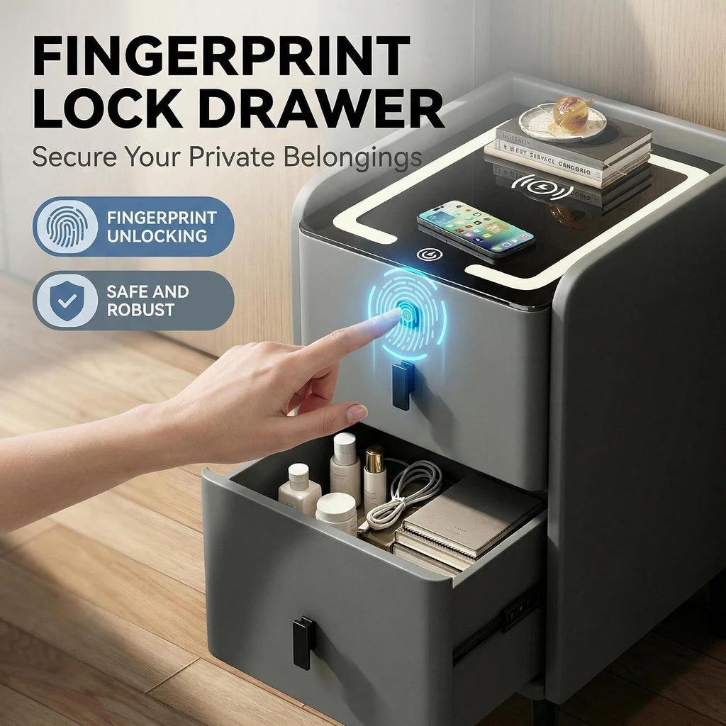 Smart Nightstand with Fingerprint Lock Drawers, Wireless Charging Support, Dual-Drawer Design, 2 USB Ports, and LED