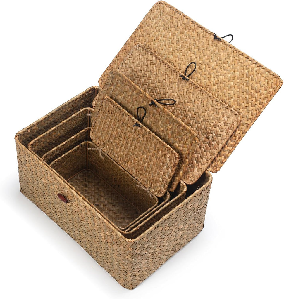 Wicker Basket with Lid, Seagrass Storage Basket, Woven Baskets for Storage, Decorative Storage Baskets for Shelf