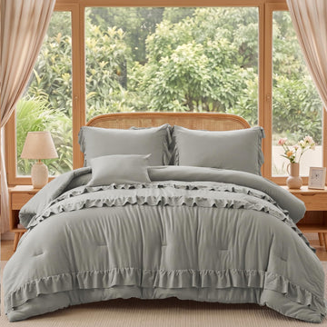Grey Ruffle Comforter, 4 Pieces Farmhouse Bedding Set