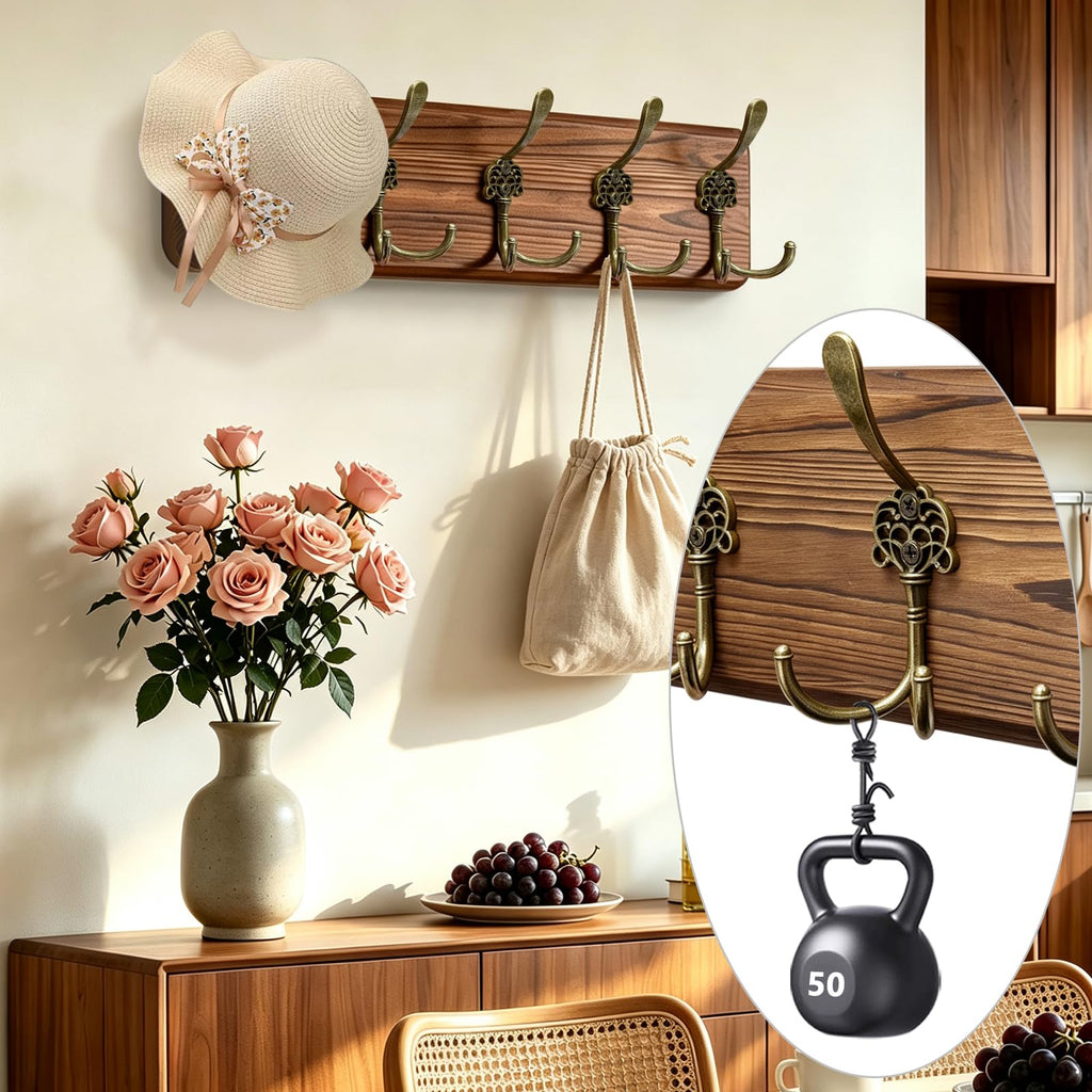 17'' Rustic Coat Rack Wall Mount, 5 Hooks, Solid Wood, Rustic Finish, 50 lb Capacity, Entryway Bedroom Mudroom, Wall