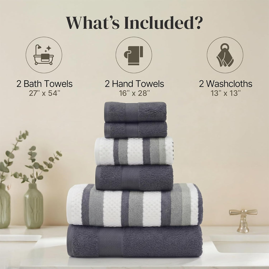 Pax 6-Piece Reversible Yarn Dyed Jacquard Towel Set - Bath Towels, Hand Towels, & Washcloths - Super Absorbent &