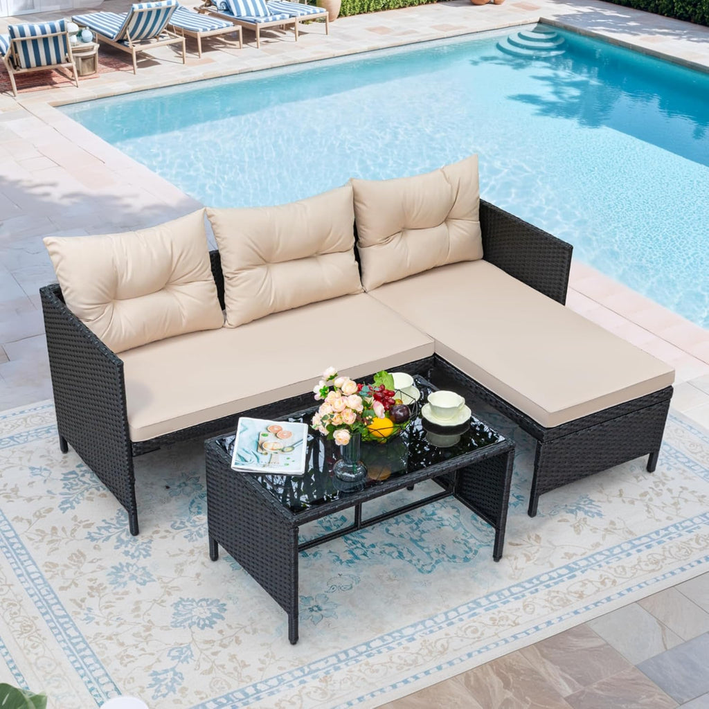 3 Piece Patio Furniture Set Outdoor Wicker Rattan Sectional Sofa with Cushions & Coffee Table for Yard, Garden
