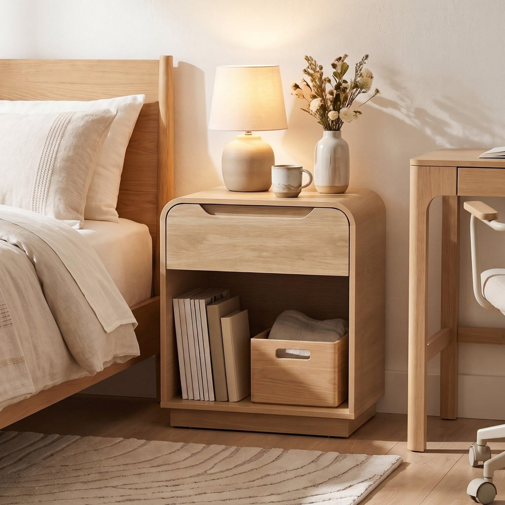 Small Curved 1-Drawer Nightstand with Open Shelf, Natural Oak