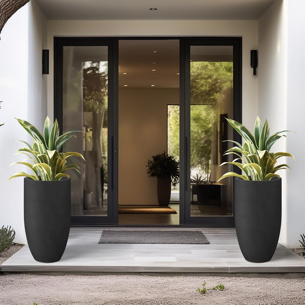 Large Round Tapered Black Concrete Planter 24" Tall, Outdoor | Rubber Plug for Indoor, Drainage for Garden