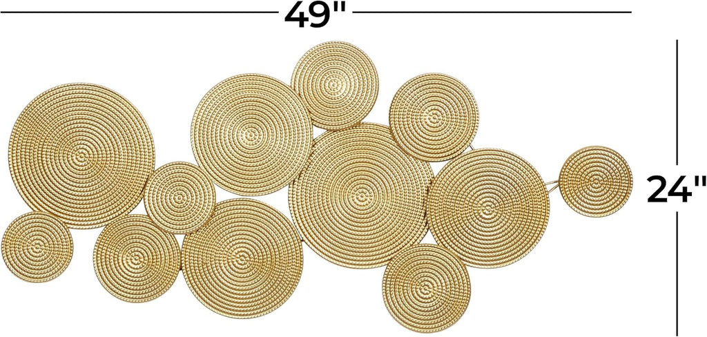 Metal Plate Home Wall Decor Wall Sculpture with Textured Circles, Wall Art 49" x 3" x 24", Gold