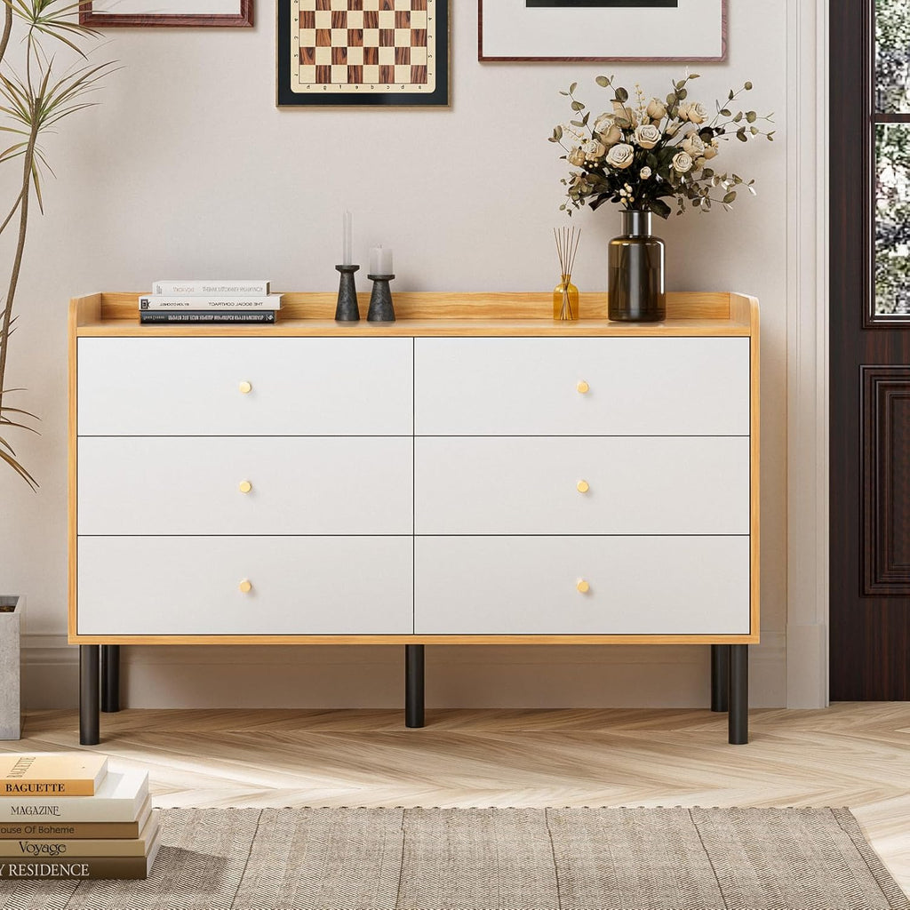 Dresser , 6 Drawer Natural Wood Dresser with Wide Drawer and Metal Handles, Modern Dressers & Chests of Drawers