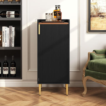Mini Bar Cabinet, Fluted Wine Bar Cart with Wine Racks & Wine Glass Holder, Modern Corner Liquor Cabinet(Black)