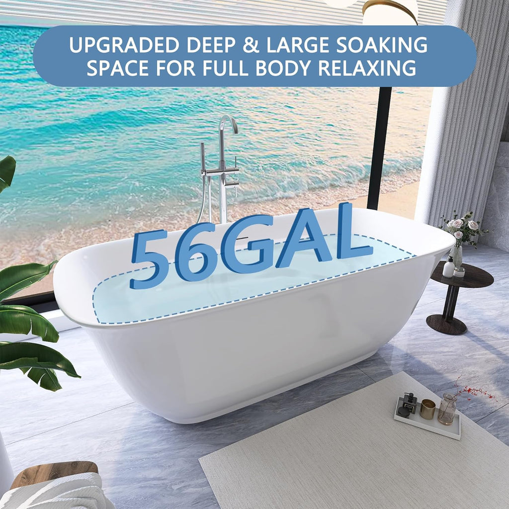 59" Free Standing Tub, Pure Acrylic Freestanding Bathtub, Stylish Stand Alone Contemporary Deep Soaking Bath Tub