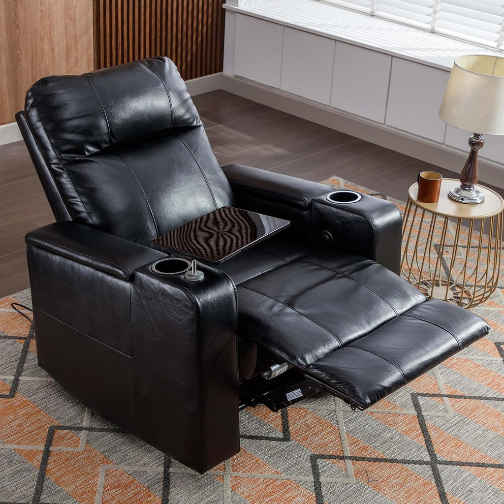 ANJ Power Recliner Chair with USB Ports, Faux Leather Home Theater Seating with Swivel Tray Table