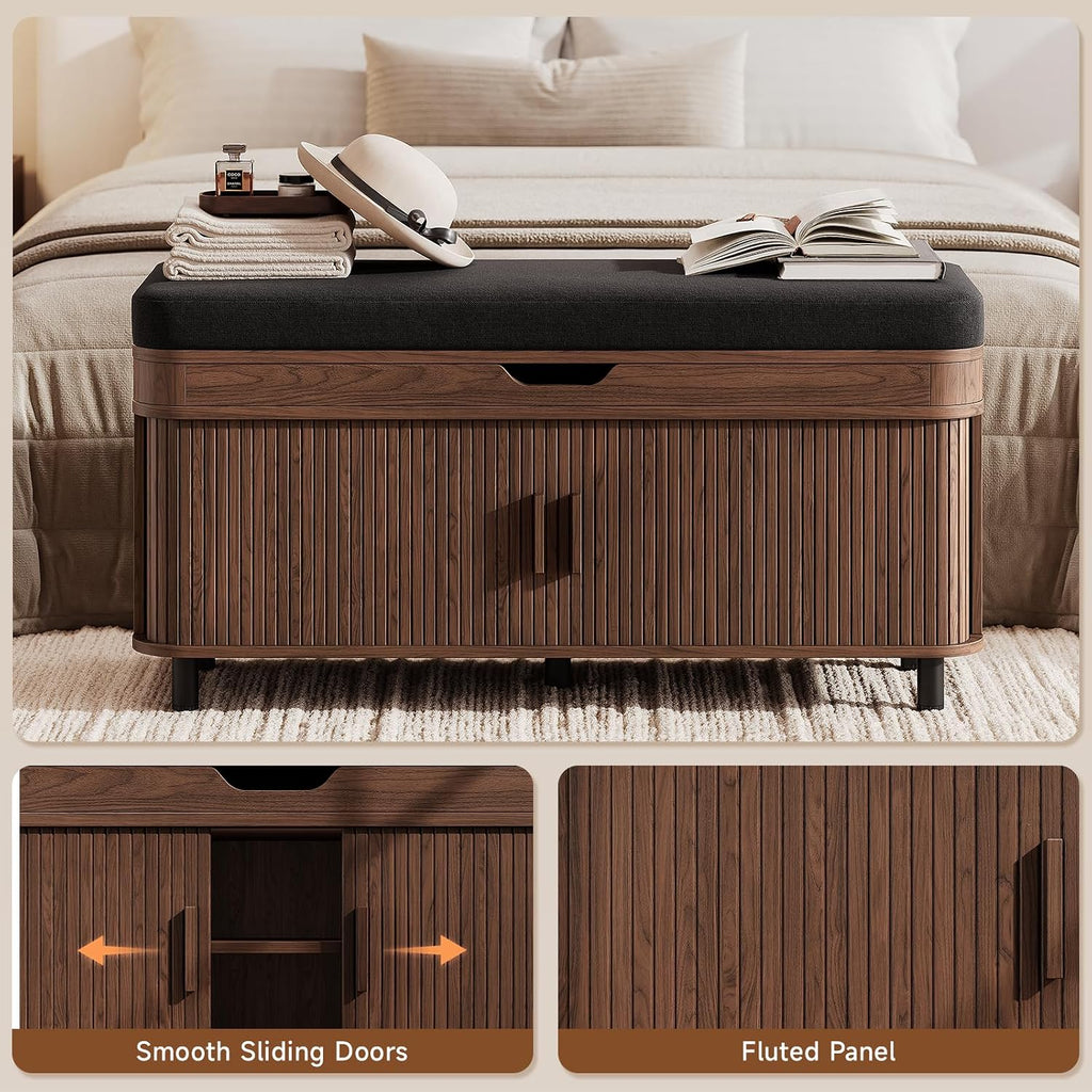 43.3" Shoe Storage Bench with Lift Top Storage, Entryway Bench with Storage&Cushion, Fluted Shoe Bench with Sliding