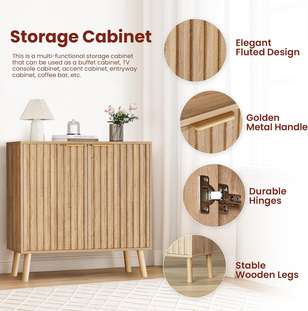 Fluted Storage Cabinet, Sideboard Buffet with Doors and Shelf, Wooden Console Table & Credenza