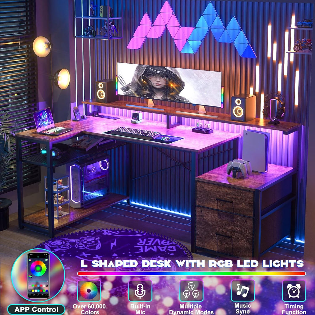 L Shaped Desk with File Drawer, Reversible L Shaped Computer Desk Gaming Desk with Power Outlet & LED Strip