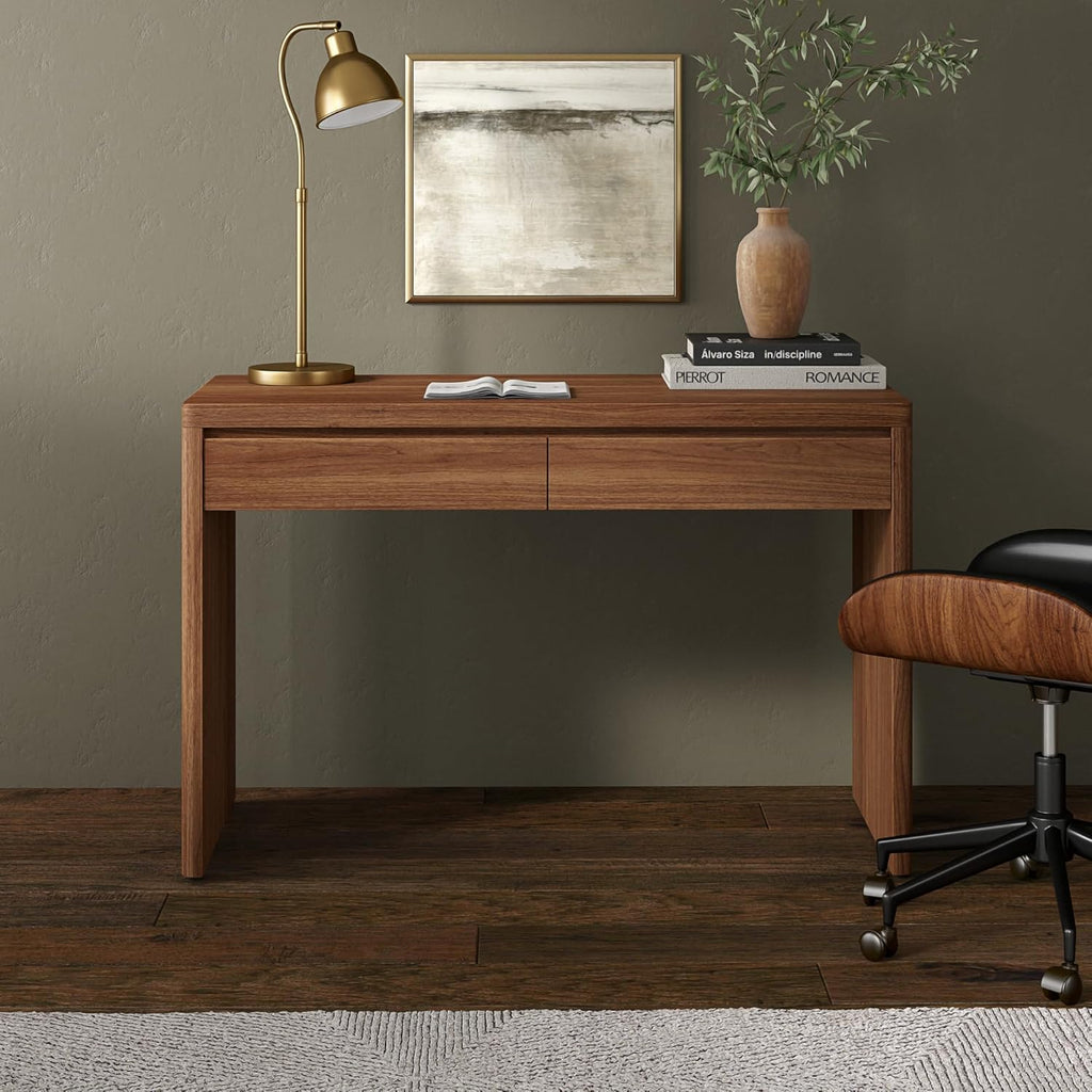 48" Modern Rectangular Wooden Home Office Desk Computer Desk Writing Table with 2 Storage Drawers, Medium Walnut
