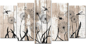 5 Pieces Large Abstract Dragonfly with Dandelion Giclee Print Canvas Wall Art on Rustic Beige Wood Textured Picture