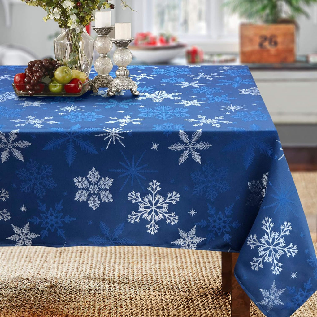 Holiday Blue Snowflakes Metallic Jacquard Woven Tablecloth (60" x 120" Rectangle)