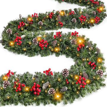 Timer & 8 Modes-9 Ft by 10 Inch Christmas Garland Decorations 50 Warm White Lights Lighted 270 Branch 70 Red Berries