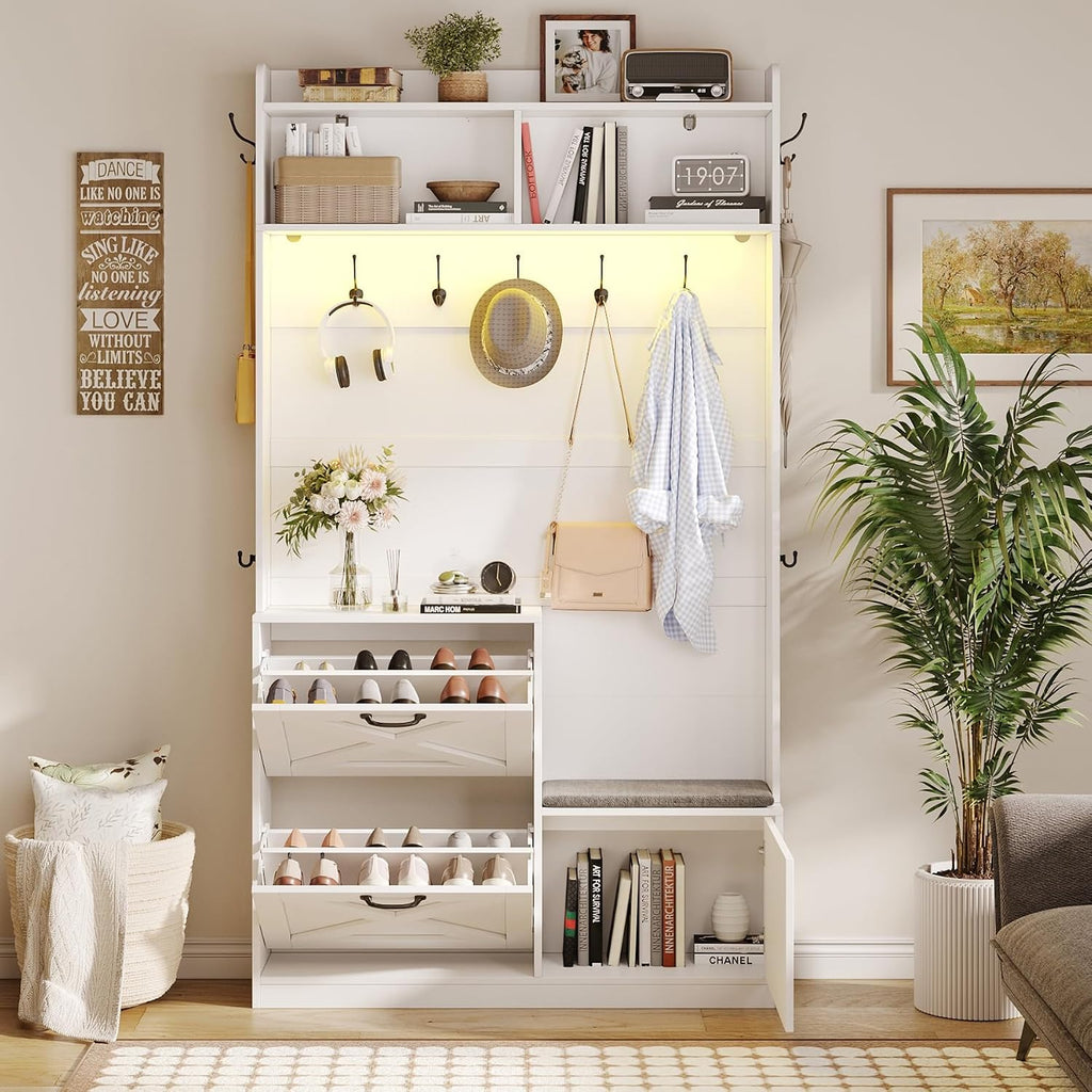 Narrow Hall Tree with Shoes Storage, Entryway Bench with Coat Rack and Led Lights, 78" Tall Hall Tree with 9 Coat