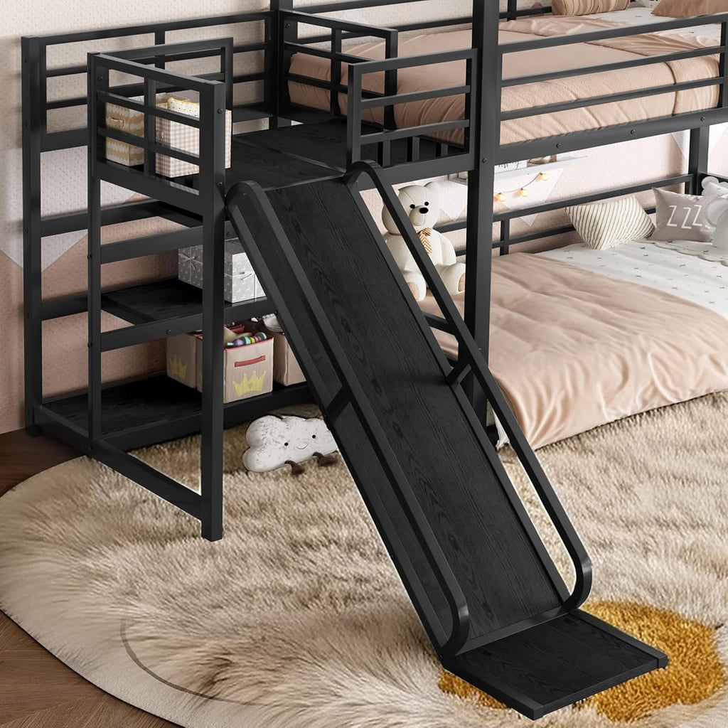 Twin Over Twin Bunk Bed with Slide, Kids House Floor Bunk Bed with Storage Stairs and Full Length Guardrail