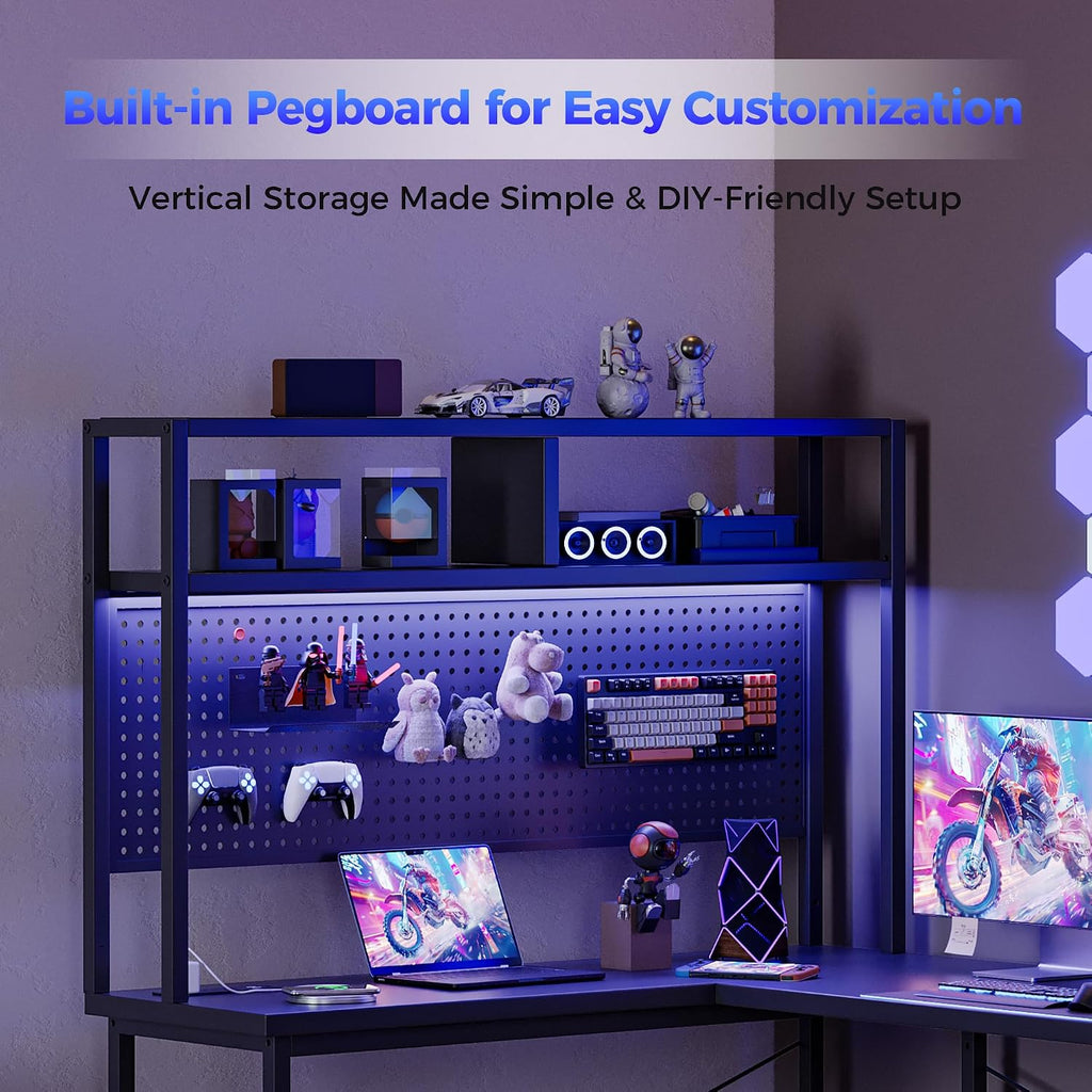 51 in L Shaped Desk with Pegboard, Reversible Corner Gaming Desk | Large Computer Desk with Hutch, Power Outlets, LED