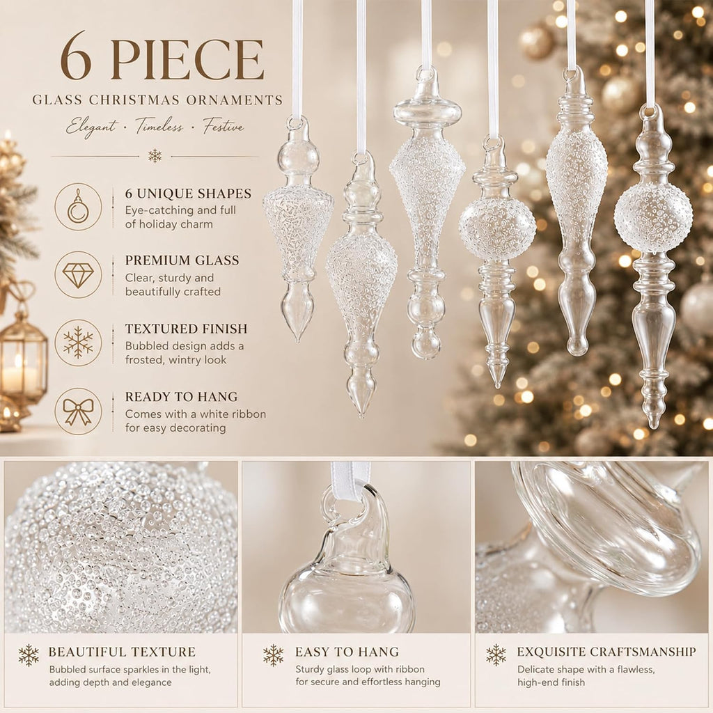 Clear Glass Finial Christmas Ornaments, 5-7 Inch - Set of 6